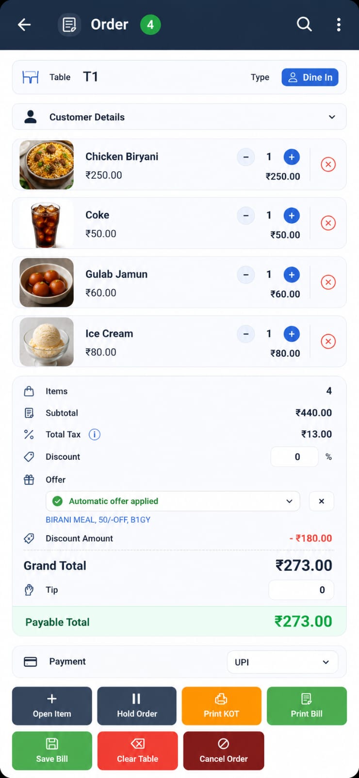R.POS order screen showing restaurant items, totals and billing controls